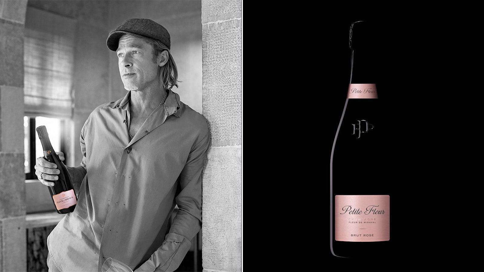 An image of Brad Pitt holding a bottle of his Petite Fleur Champagne beside an image of the Champagne itself, with a pink label